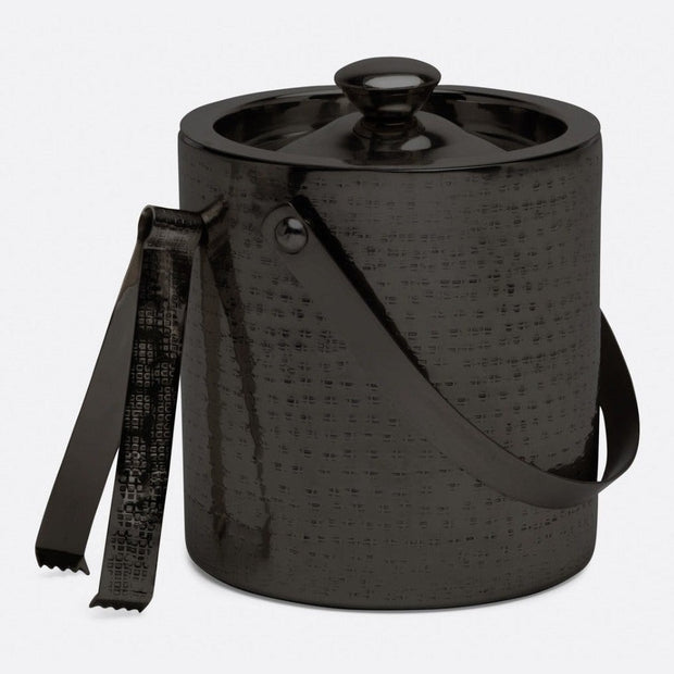 Blue Pheasant Winsford ice bucket with tongs, black nickel bar accessory for chilling beverages in a stylish setting.