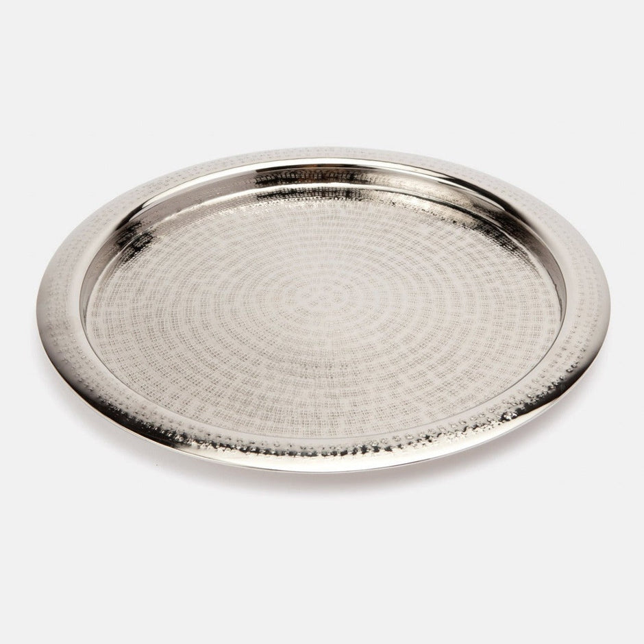 Blue Pheasant Winsford Round Tray in shiny nickel, a stylish bar accessory with a polished, reflective surface.