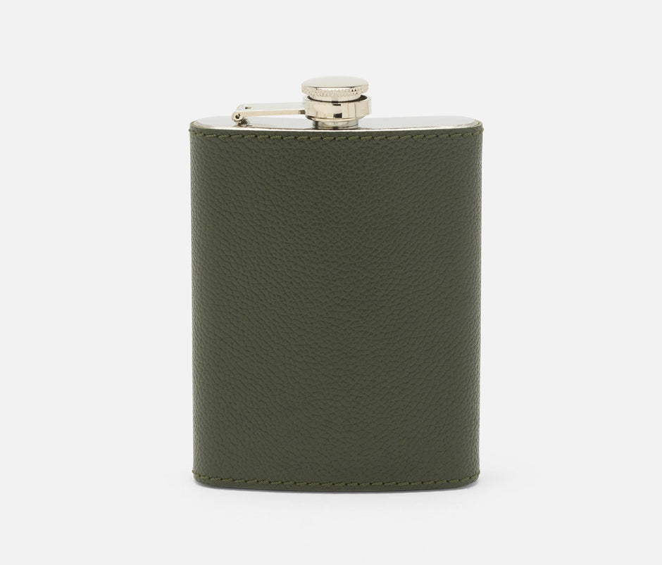 Blue Pheasant Warren stainless steel and leather flask, a stylish bar accessory with a forest green leather cover and sleek design.