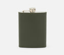 Blue Pheasant Warren stainless steel and leather flask, a stylish bar accessory with a forest green leather cover and sleek design.