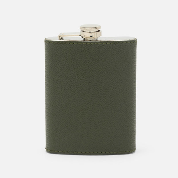 Blue Pheasant Warren stainless steel and leather flask, a stylish bar accessory with a forest green leather cover and sleek design.