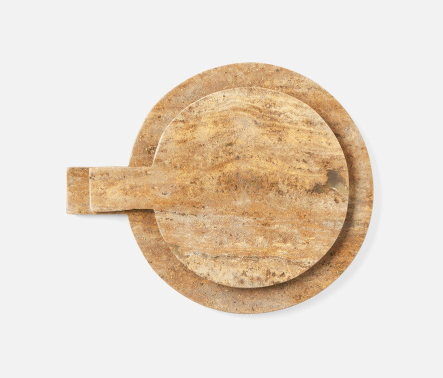 Set of two Blue Pheasant Stassi travertine serving boards, elegant serveware for cheese, charcuterie, or appetizers.