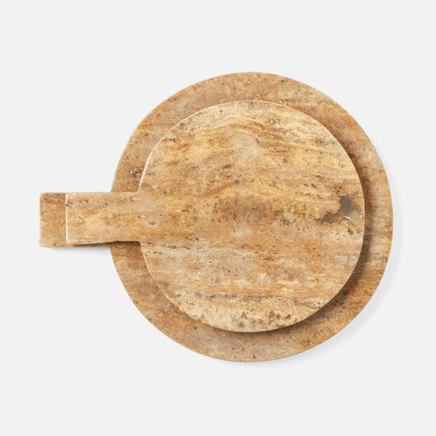 Set of two Blue Pheasant Stassi travertine serving boards, elegant serveware for cheese, charcuterie, or appetizers.