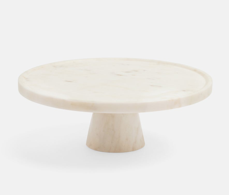 Blue Pheasant Samantha Marble Cake Stand serveware with a white marble finish on a decorative cake display stand.