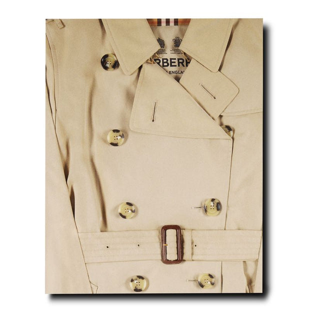 Close-up of a Burberry trench coat with visible branding.