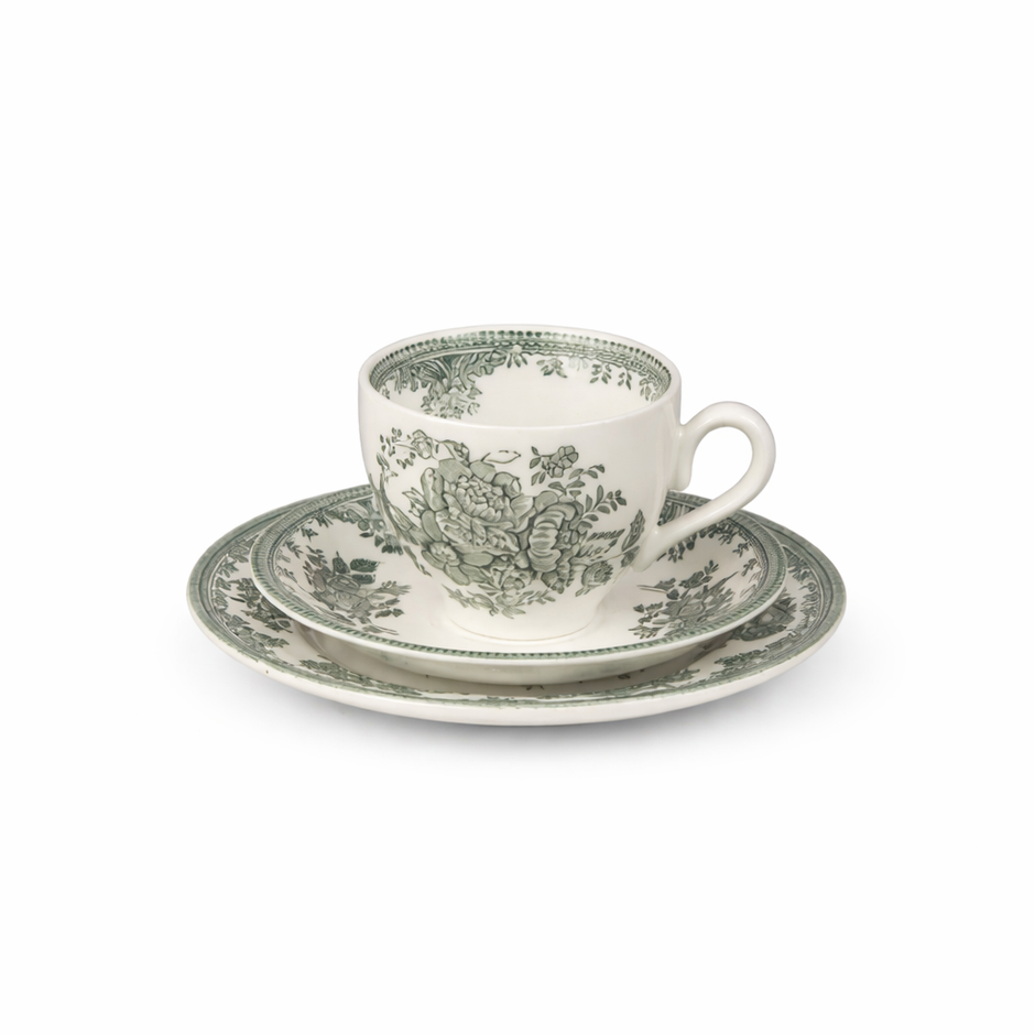 Set of three Asiatic Green Peacock teacups by Burleigh, featuring intricate peacock and floral designs in vibrant green hues.