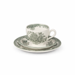 Set of three Asiatic Green Peacock teacups by Burleigh, featuring intricate peacock and floral designs in vibrant green hues.
