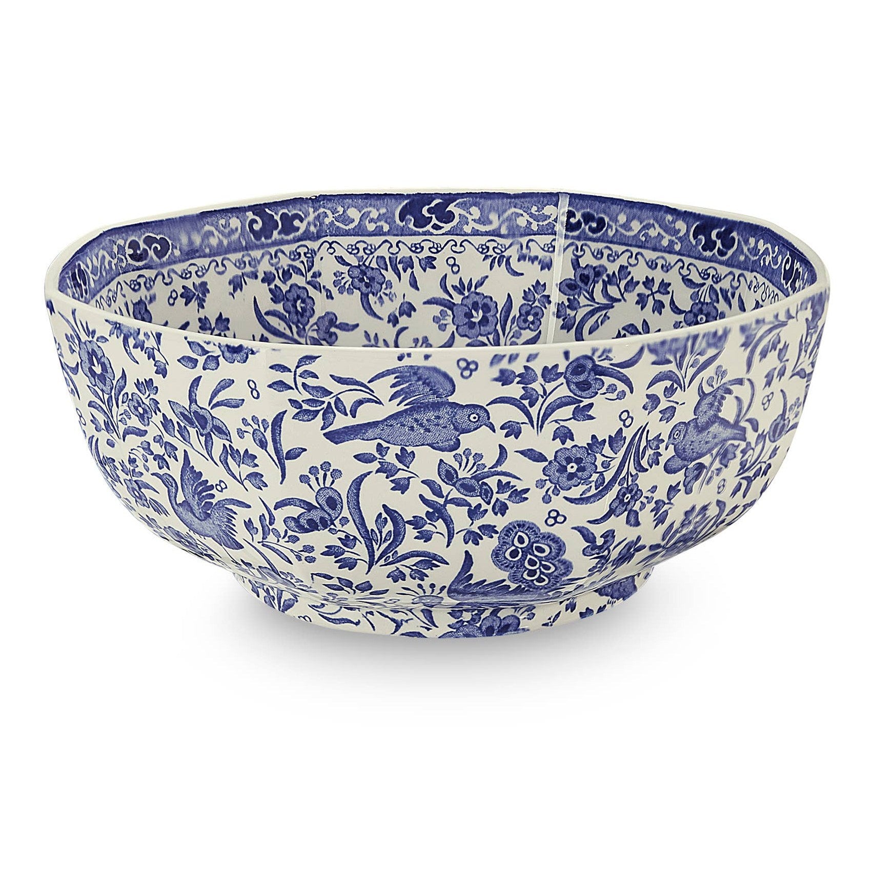 Blue Regal Peacock hexagonal bowl by Burleigh featuring intricate peacock design and glossy ceramic finish.