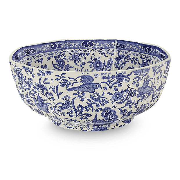 Blue Regal Peacock hexagonal bowl by Burleigh featuring intricate peacock design and glossy ceramic finish.