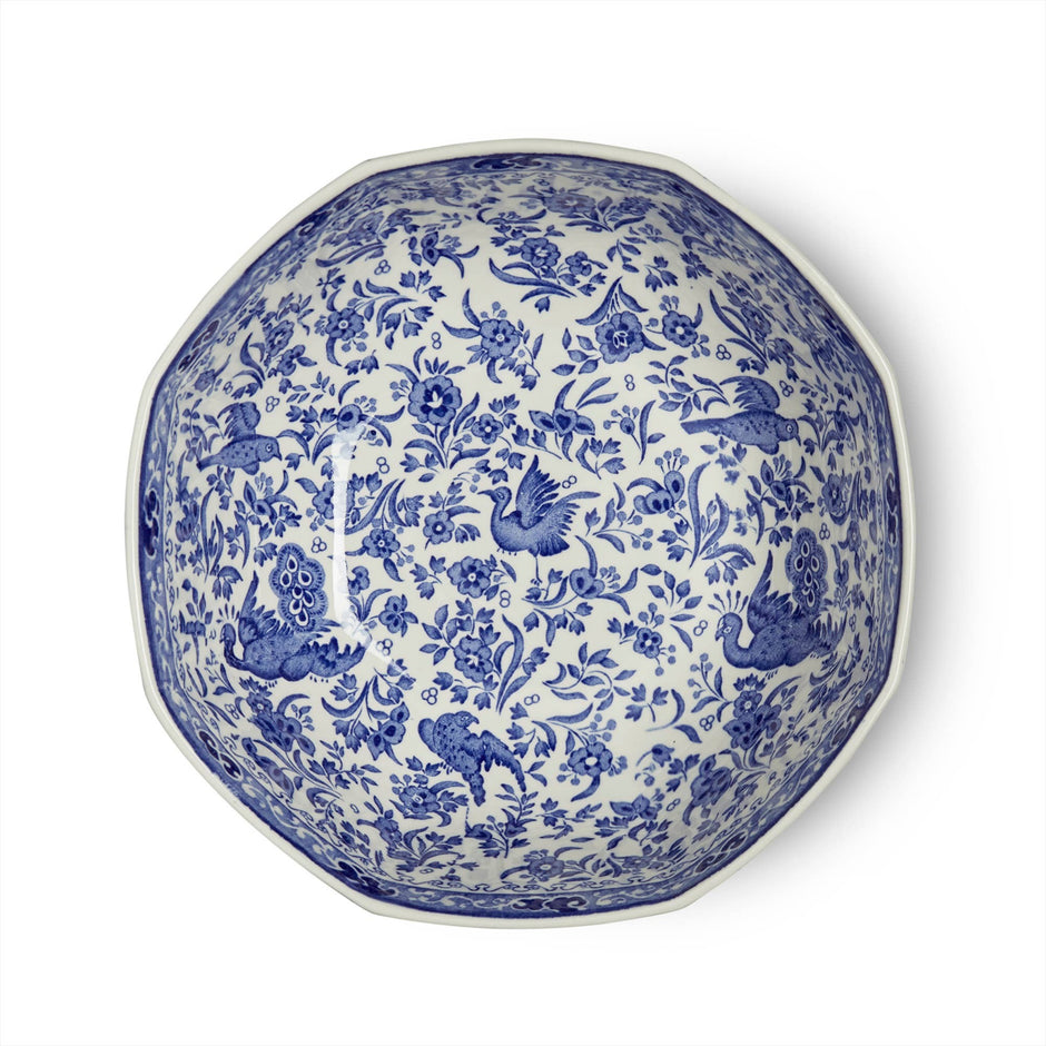 Blue Regal Peacock Hexagonal Bowl by Burleigh featuring intricate peacock feather patterns and a glossy finish.