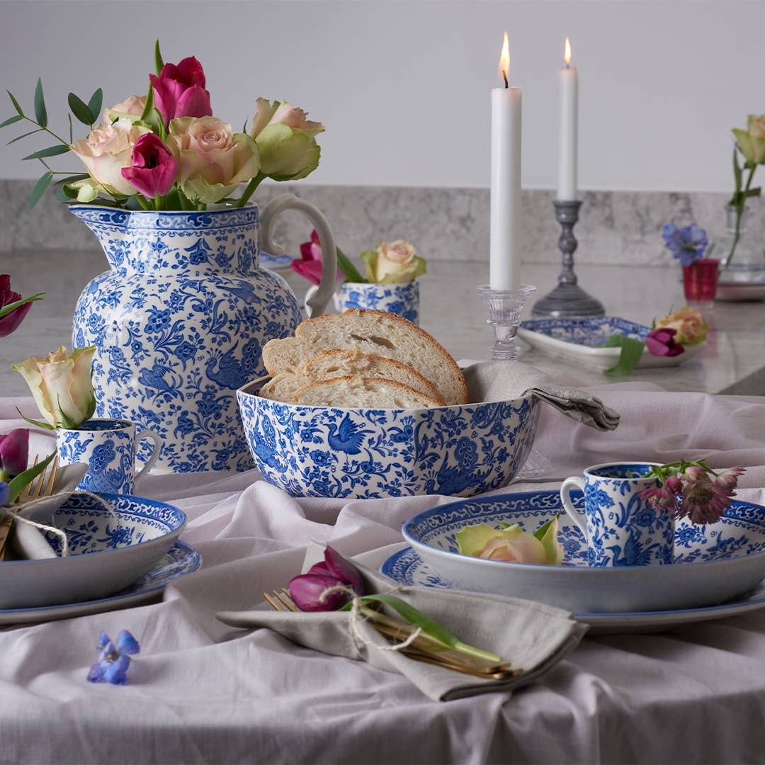 Blue Regal Peacock hexagonal bowl by Burleigh featuring intricate peacock design and elegant craftsmanship.