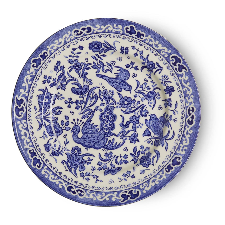 Blue Regal Peacock medium plate by Burleigh showcasing intricate peacock design and vibrant blue porcelain decorative plate.