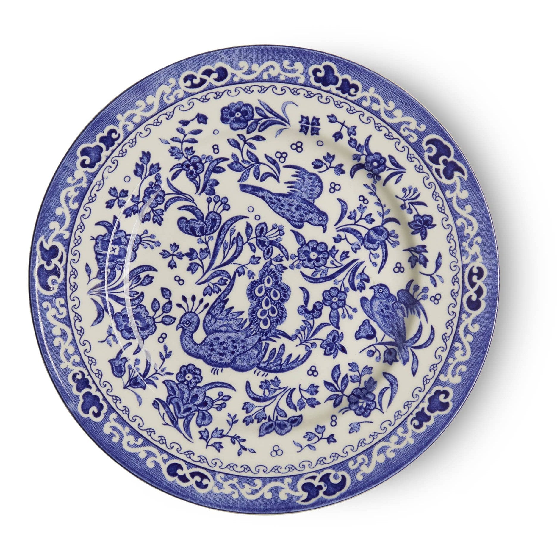Blue Regal Peacock medium plate by Burleigh showcasing intricate peacock design and vibrant blue porcelain decorative plate.