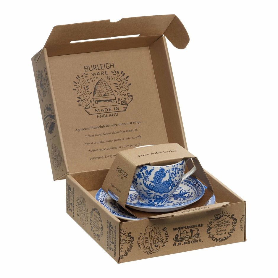 Blue Regal Peacock teacup 3-piece gift set by Burleigh featuring elegant peacock designs on fine porcelain.