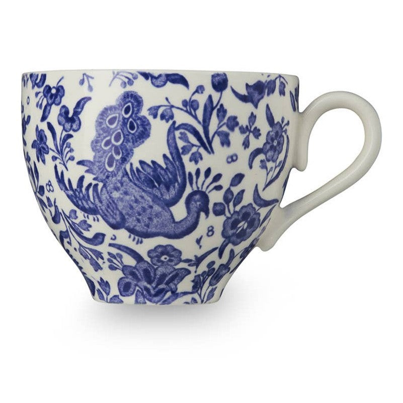 Blue Regal Peacock teacup 3-piece gift set by Burleigh, featuring elegant peacock design on fine porcelain.