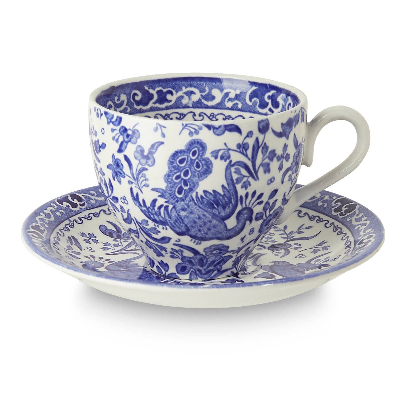 Blue Regal Peacock teacup 3-piece gift set by Burleigh featuring elegant peacock design on fine porcelain.
