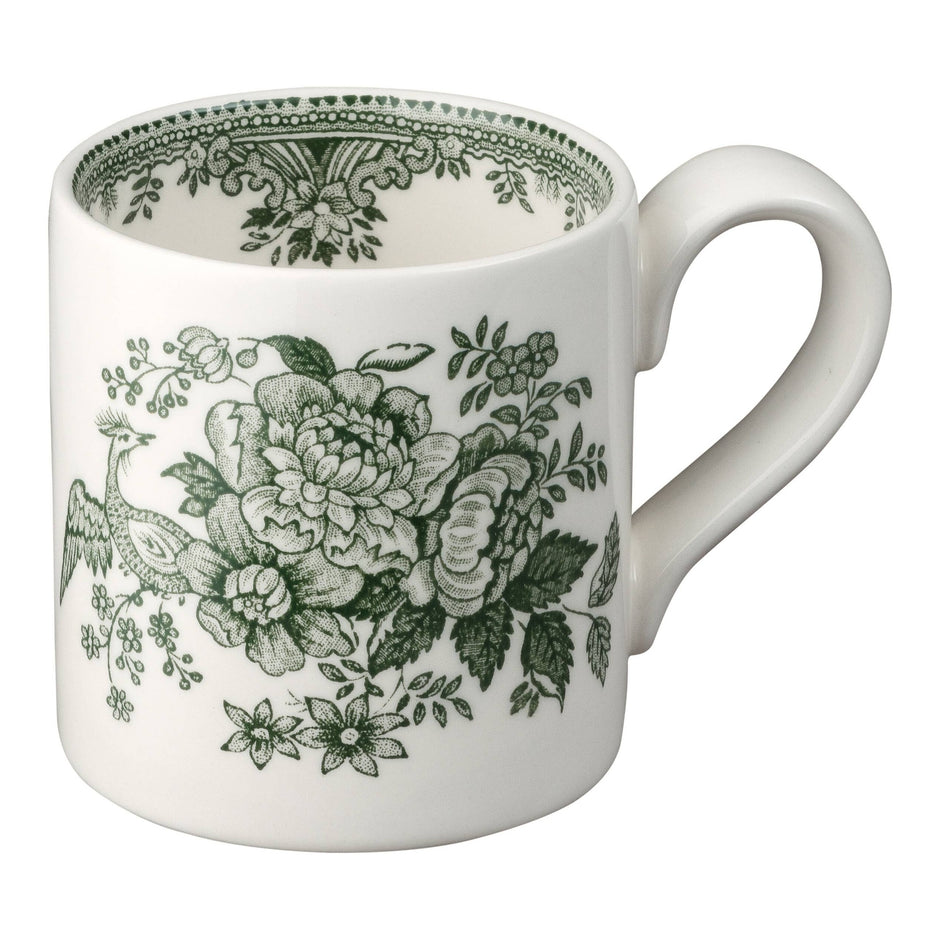 Dark green Asiatic Pheasants half pint mug by Burleigh featuring detailed pheasant artwork on ceramic.