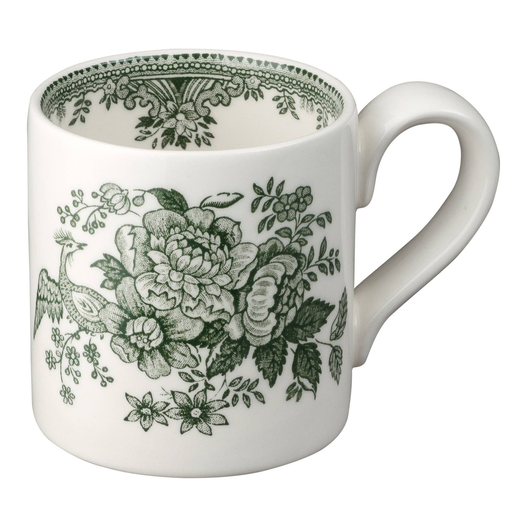 Dark green Asiatic Pheasants half pint mug by Burleigh featuring detailed pheasant artwork on ceramic.