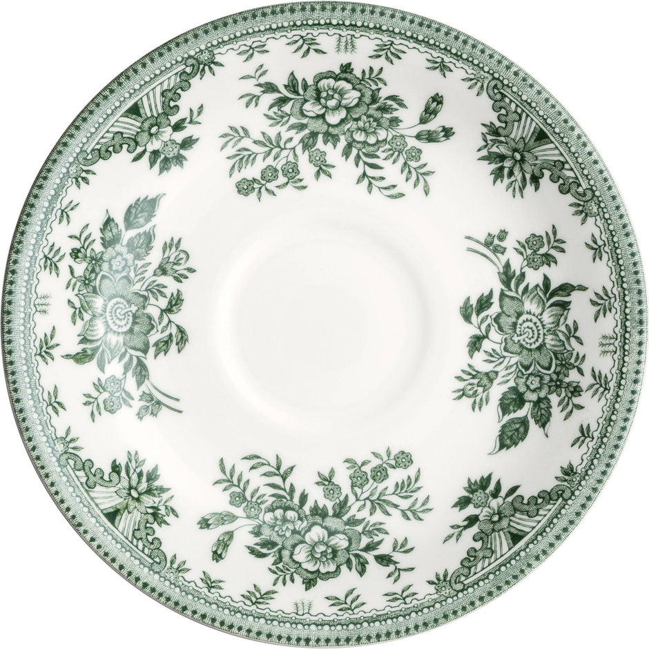 Dark green Asiatic Pheasants saucer by Burleigh featuring intricate bird and floral design on fine ceramic surface.