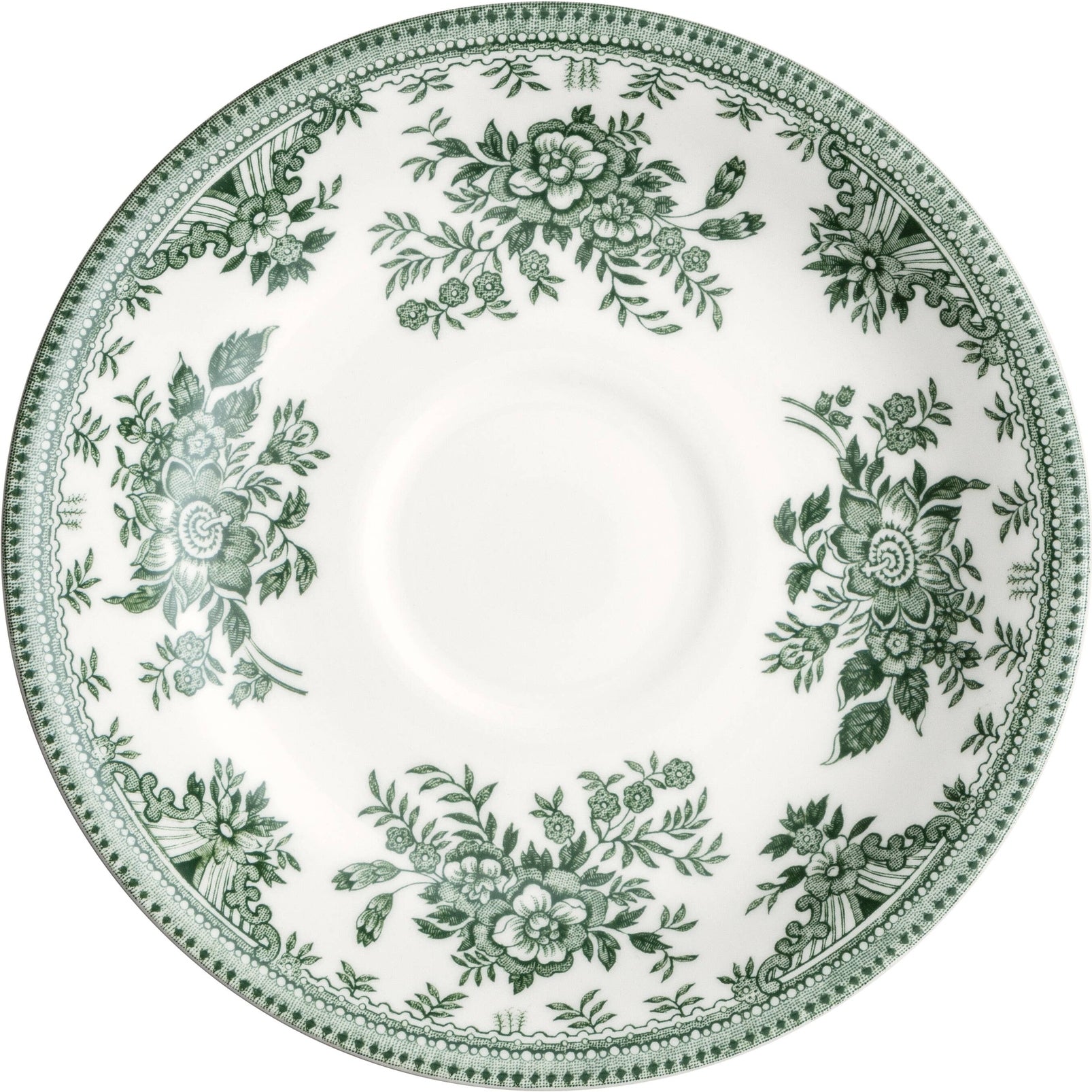 Dark green Asiatic Pheasants saucer by Burleigh featuring intricate bird and floral design on fine ceramic surface.