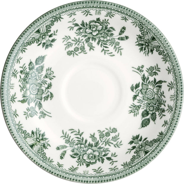 Dark green Asiatic Pheasants saucer by Burleigh featuring intricate bird and floral design on fine ceramic surface.