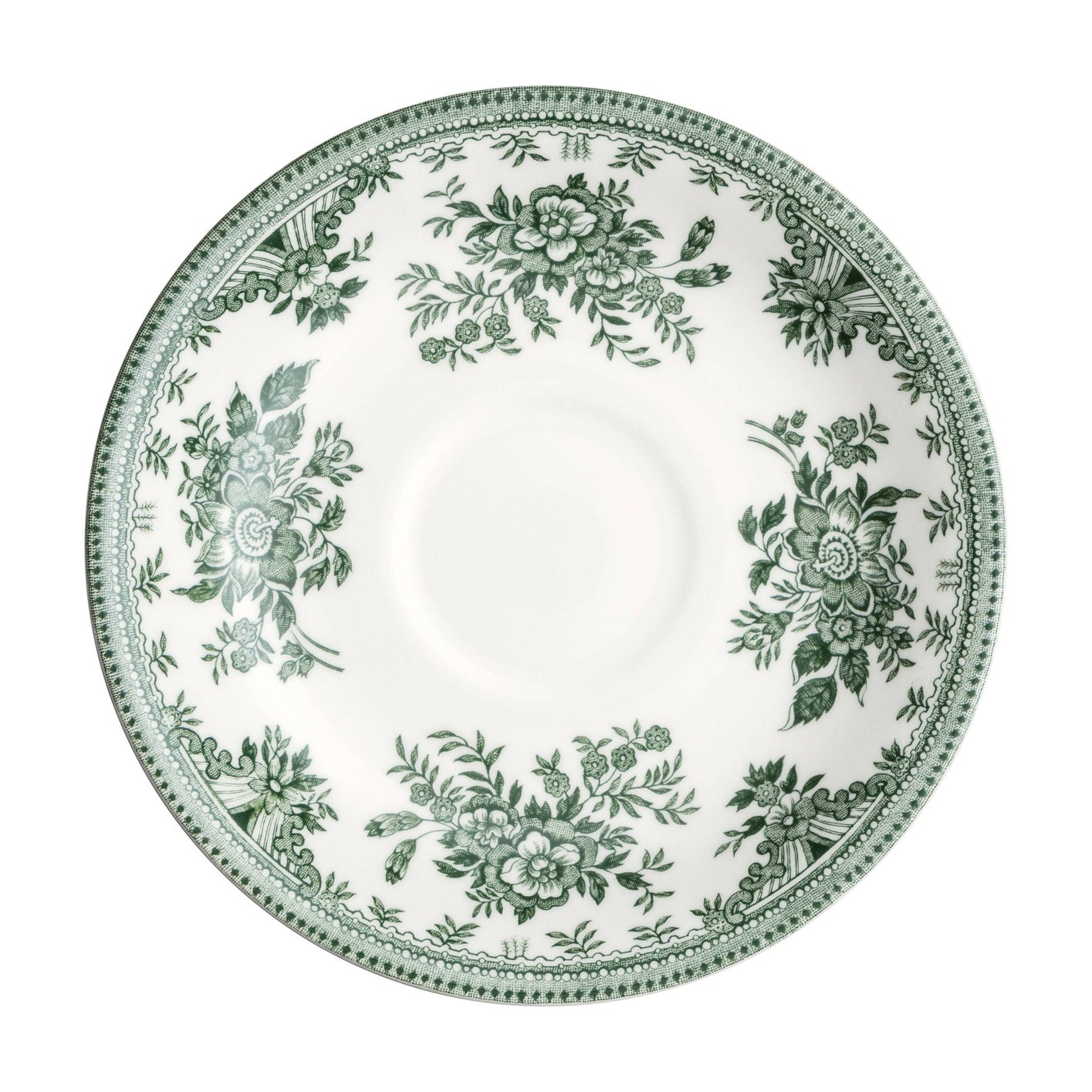 Dark green Asiatic Pheasants saucer by Burleigh featuring detailed pheasant illustrations on fine ceramic.