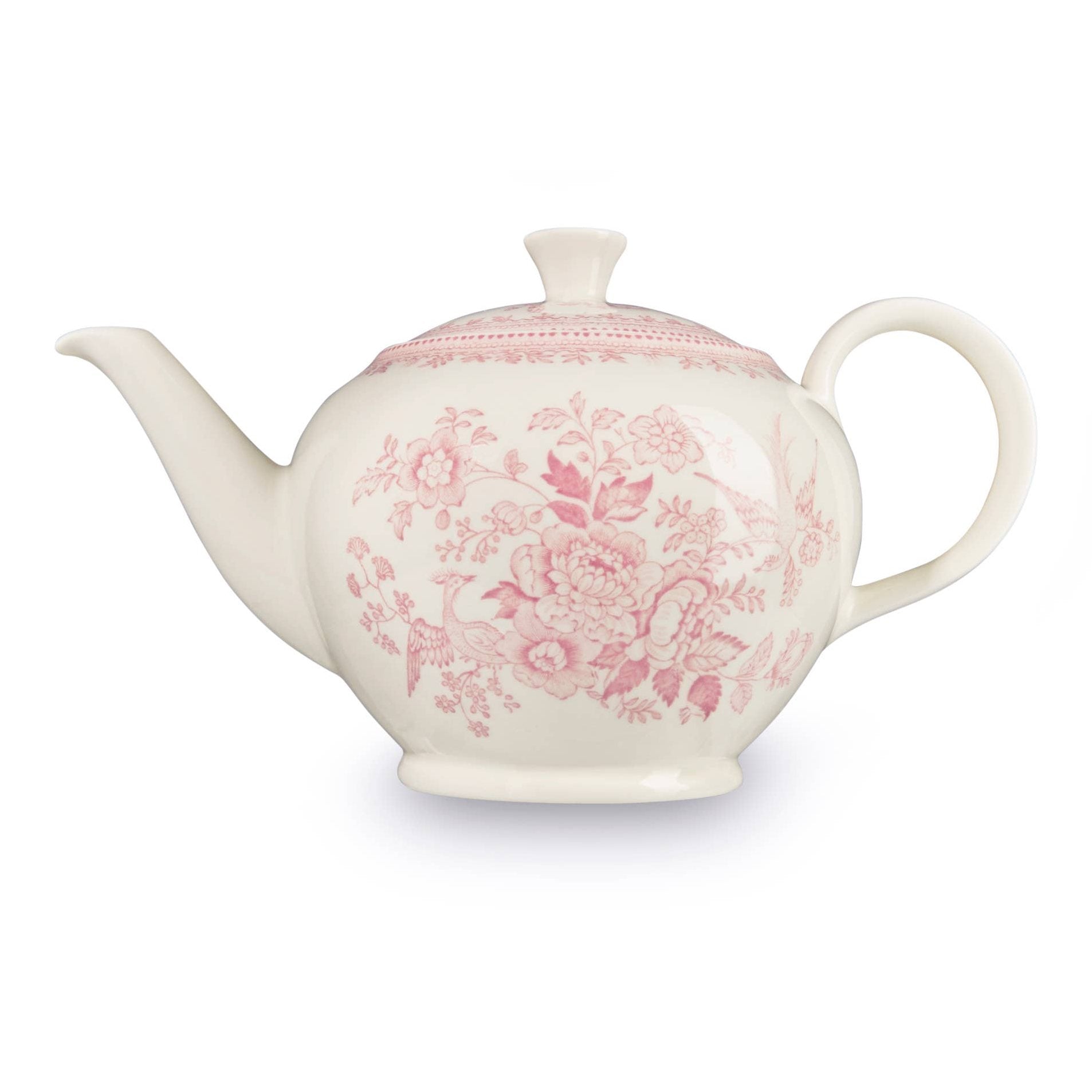 Large pink Asiatic Pheasants teapot by Burleigh featuring a floral design and a classic shape on a white background.