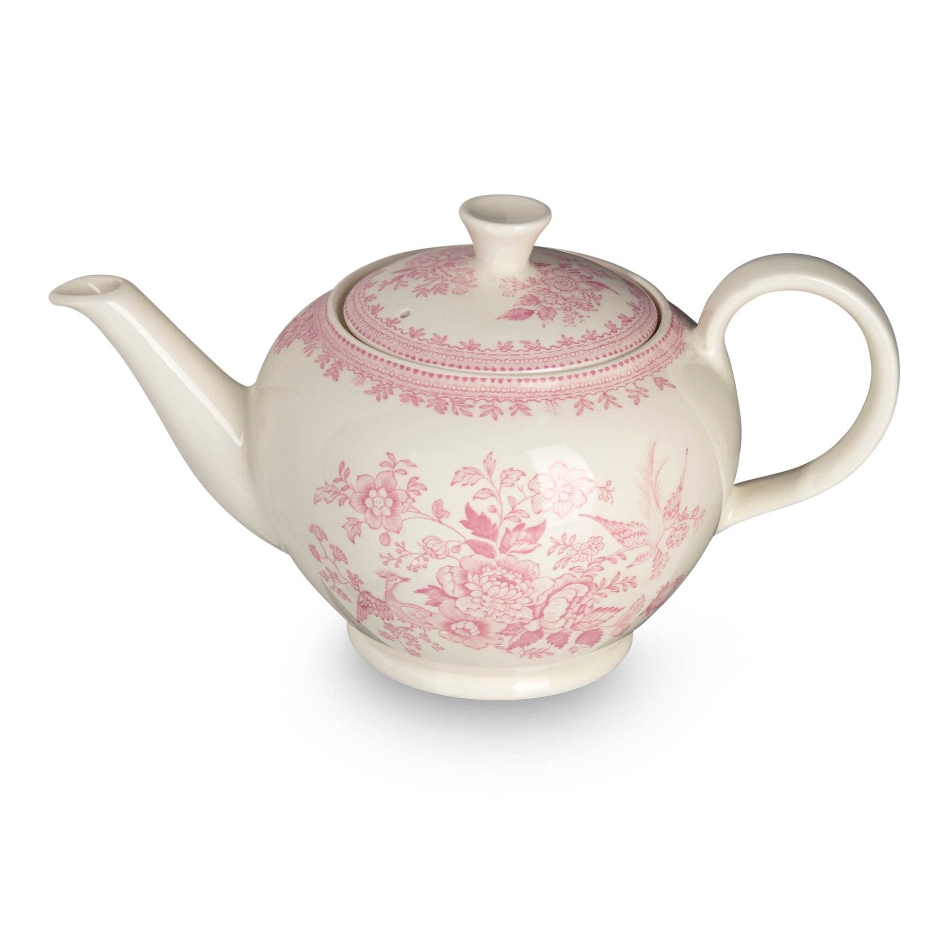 Pink Asiatic Pheasants large teapot by Burleigh featuring a detailed floral and bird pattern on porcelain.