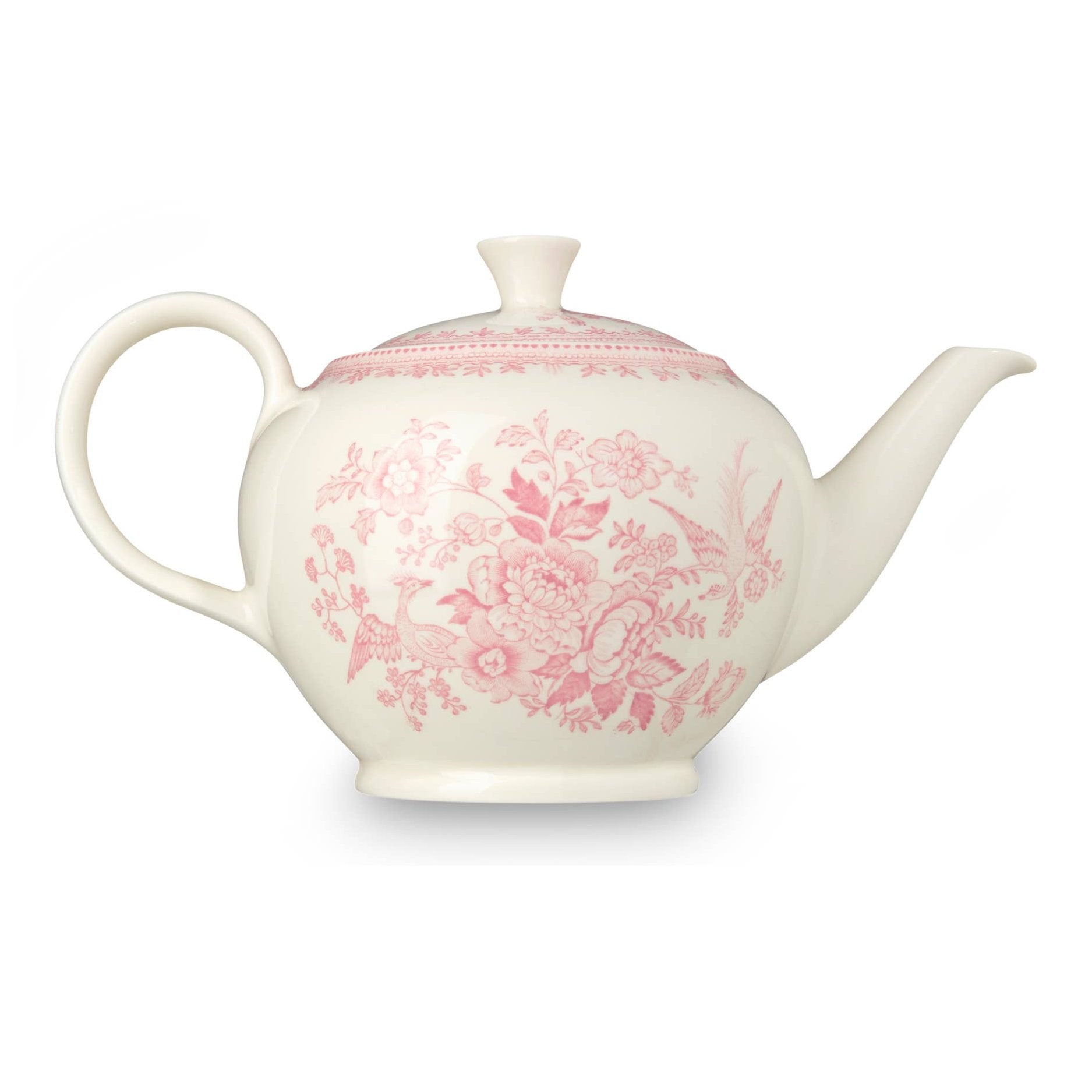 Pink Asiatic Pheasants large teapot by Burleigh featuring a detailed floral and bird design, made of fine ceramic.