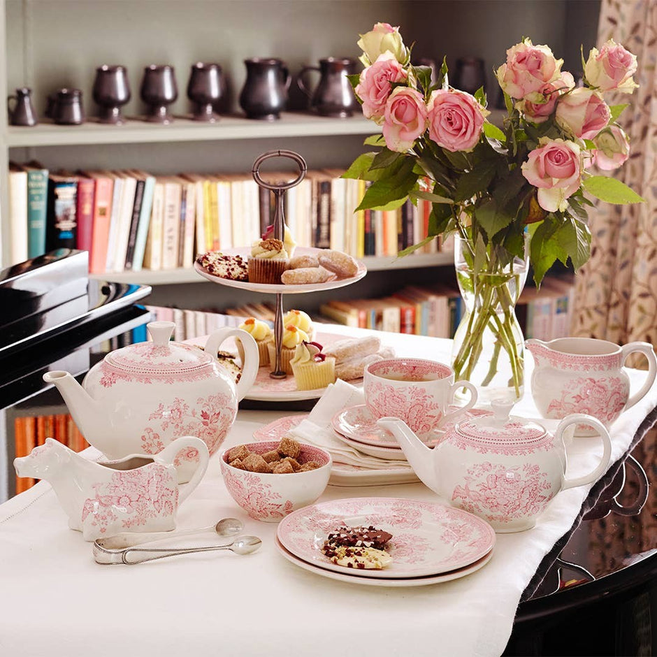 Pink Asiatic Pheasants large teapot by Burleigh featuring a floral design with pink Asiatic Pheasants and traditional ceramic craftsmanship