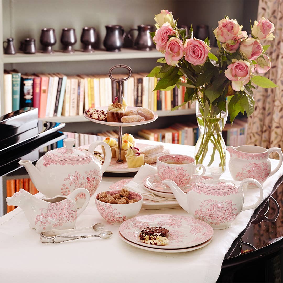 Pink Asiatic Pheasants large teapot by Burleigh featuring a floral design with pink Asiatic Pheasants and traditional ceramic craftsmanship