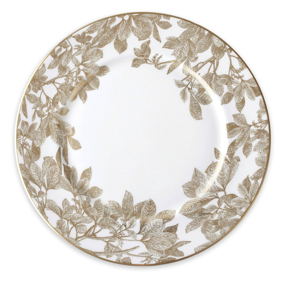 Caskata Arbor Gold Rimmed Charger dishware with elegant gold rim and intricate pattern on white ceramic surface.