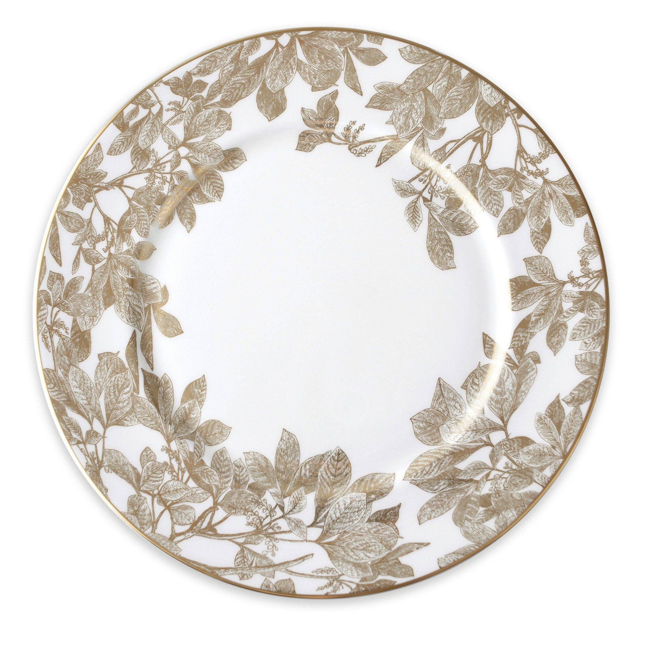 Caskata Arbor Gold Rimmed Charger dishware with elegant gold rim and intricate pattern on white ceramic surface.