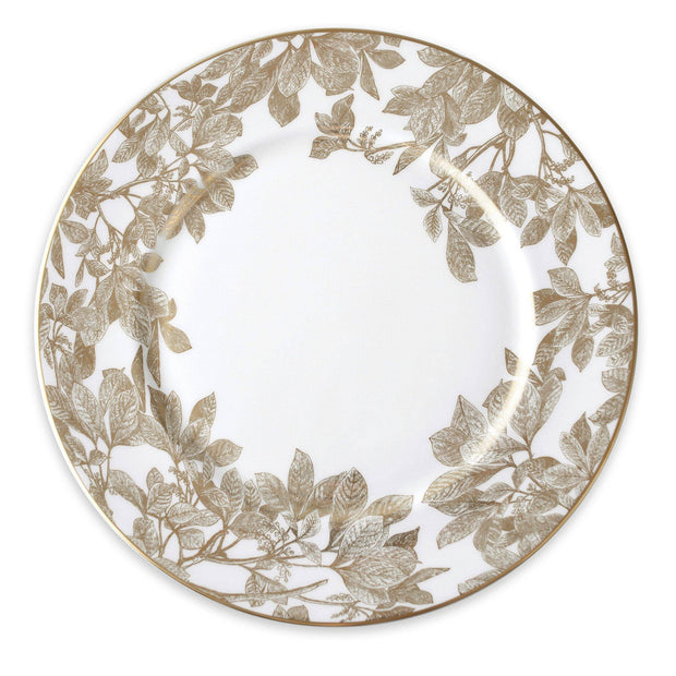 Caskata Arbor Gold Rimmed Charger dishware with elegant gold rim and intricate pattern on white ceramic surface.