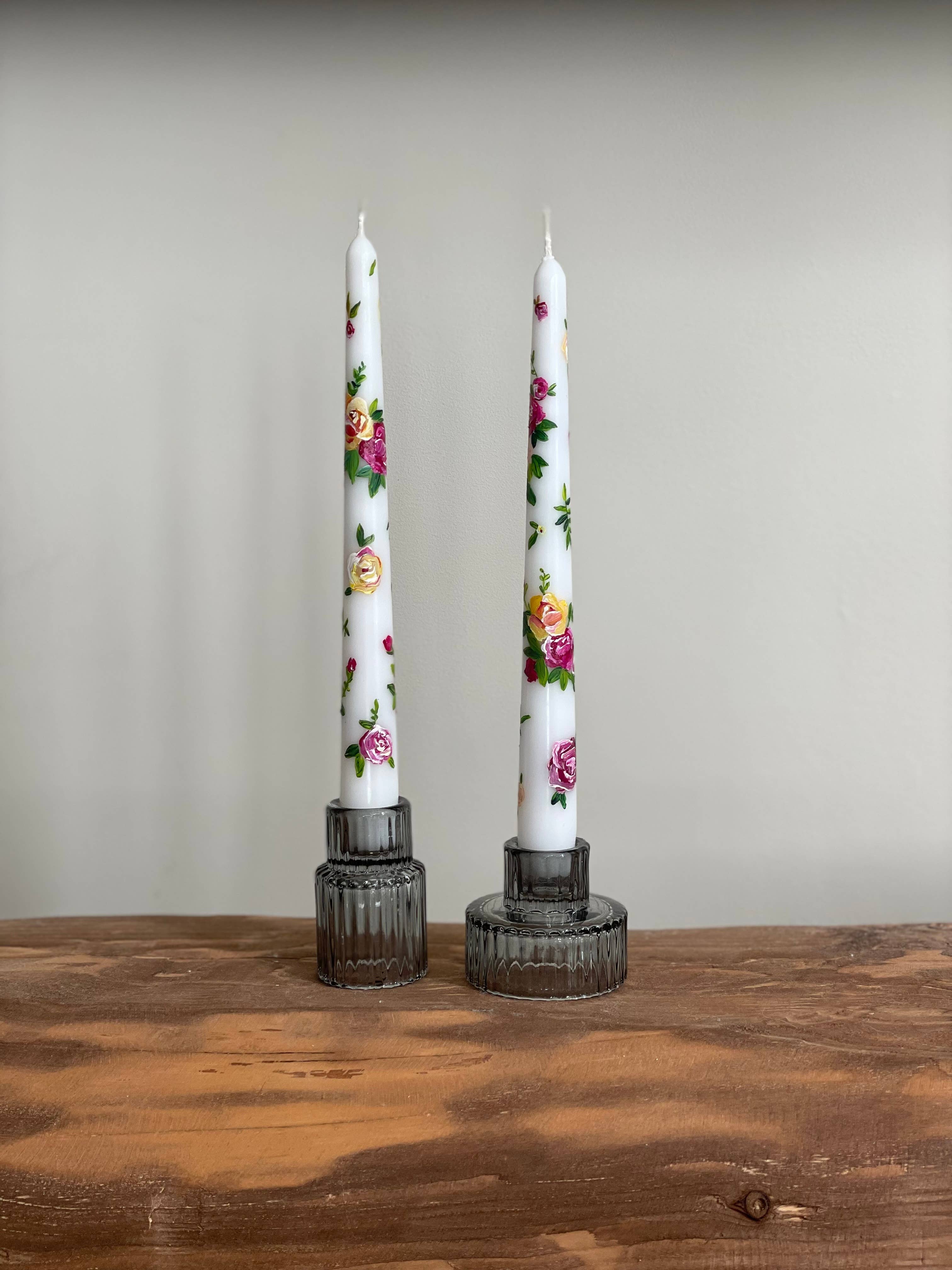 Yellow & Pink Rose Hand-PaintedTaper Candle, Pair