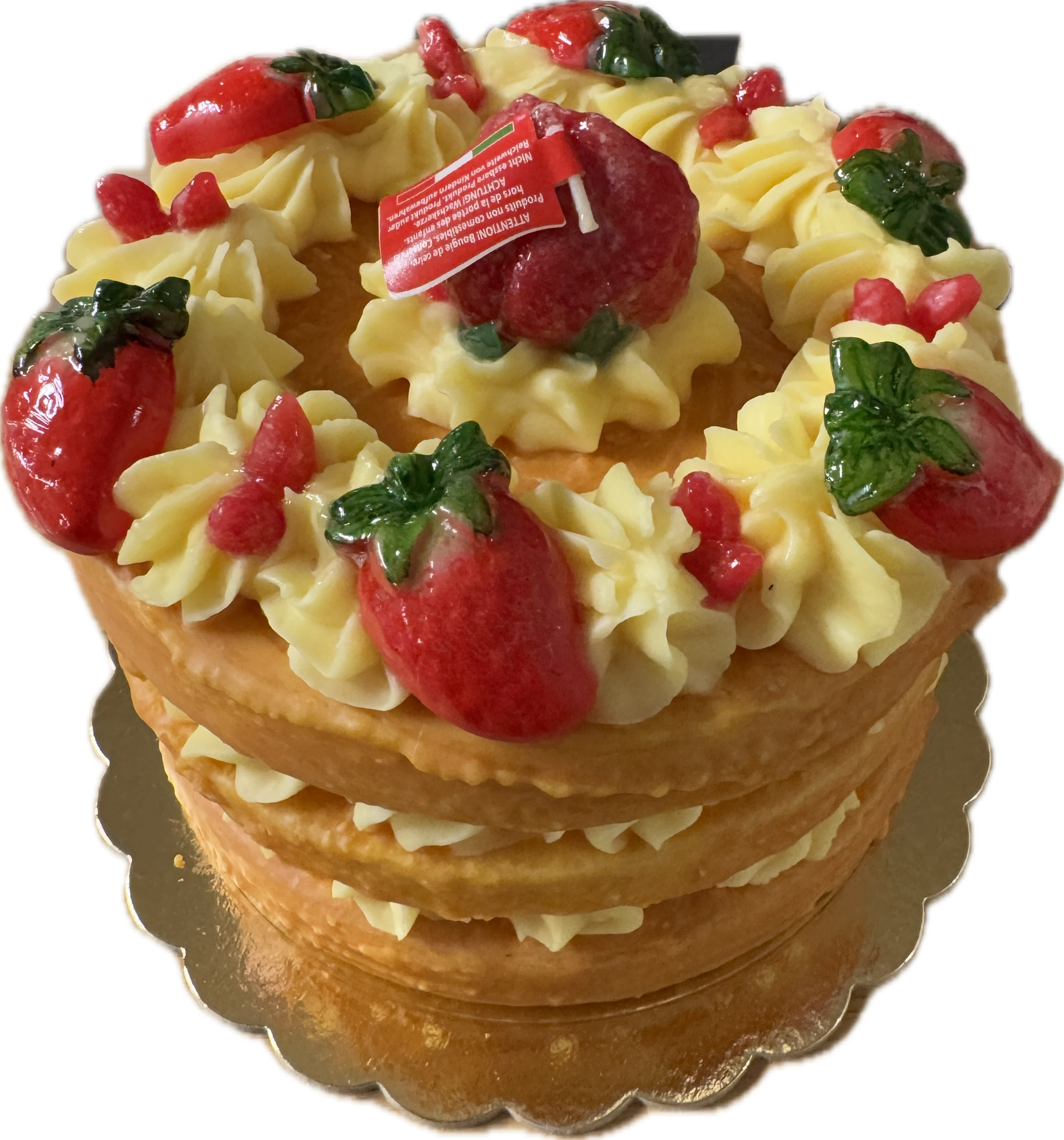 Cereria Introna 3-layer strawberry cake pillar candle with layered pink and white wax, decorative and suitable for home decor.