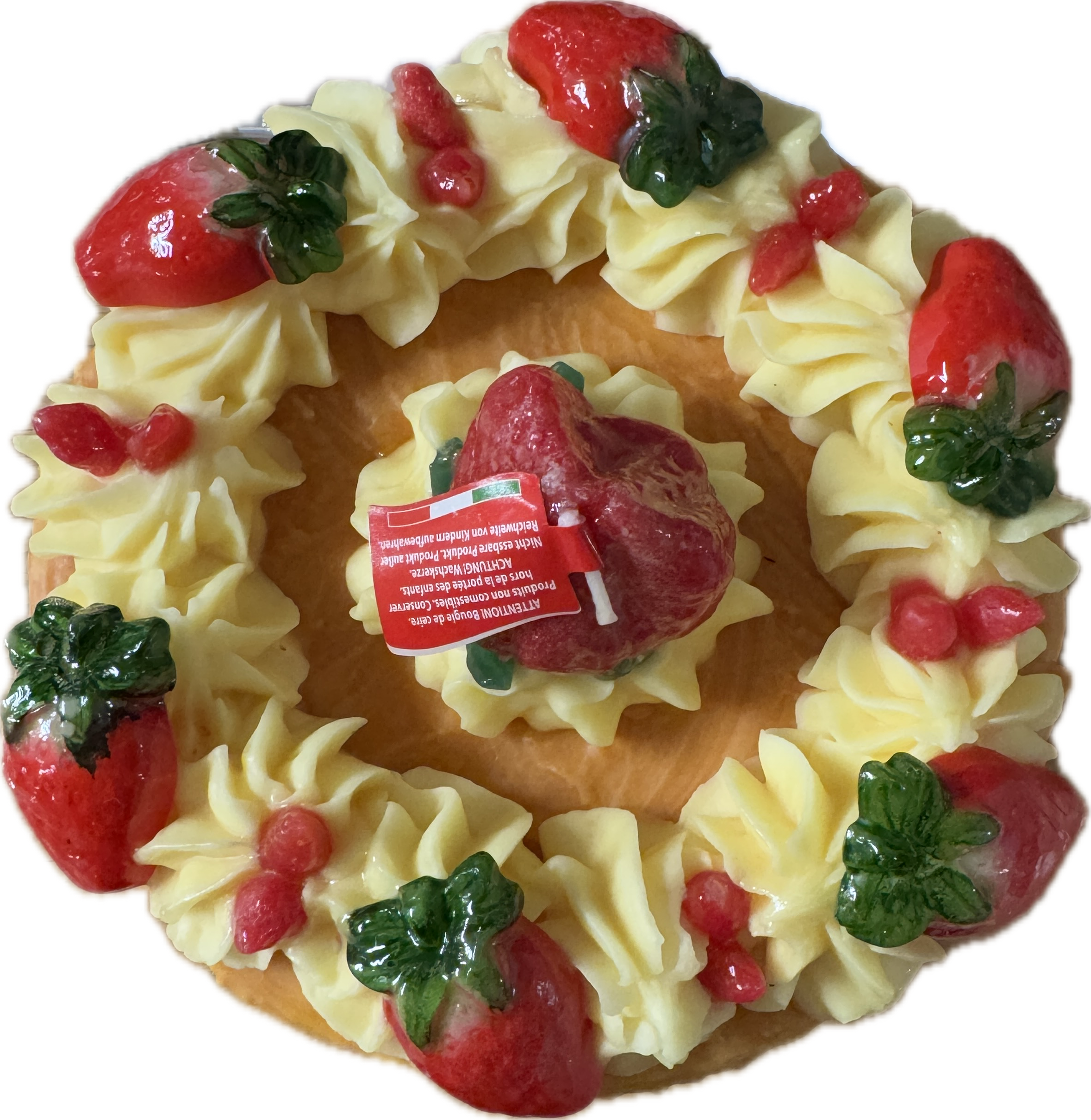 Cereria Introna 3-layer strawberry cake pillar candle with realistic strawberry and cake design, perfect for decorative use.