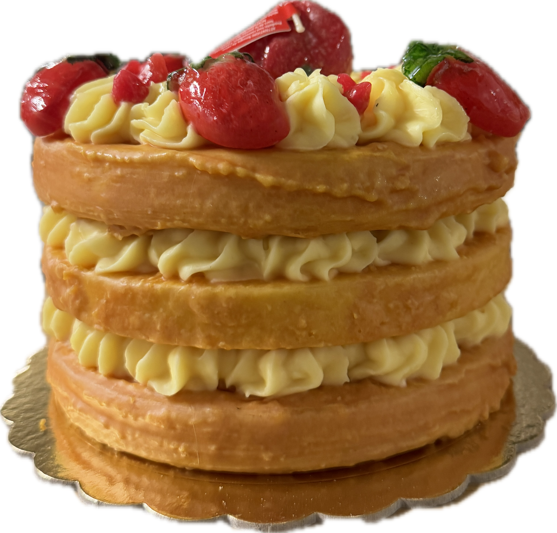 Cereria Introna 3-layer strawberry cake pillar candle with detailed frosting and layered design, perfect for decorative use.