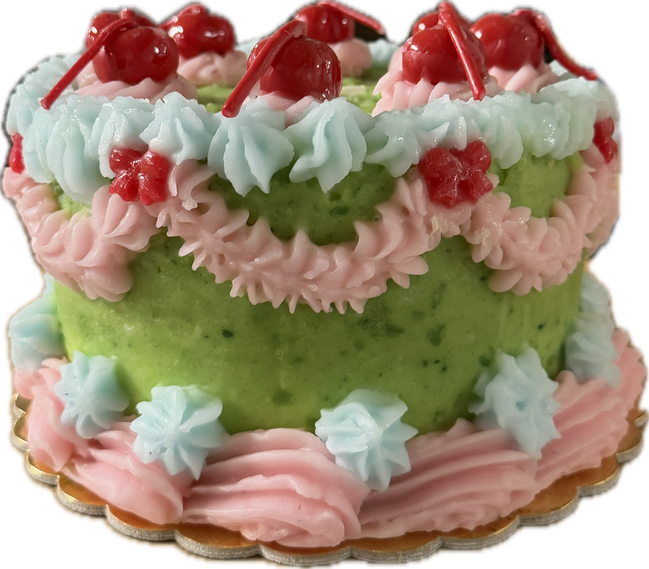 Multi-color Cereria Introna Retro Cake pillar candle with layered, vintage-style design, perfect for decorative use.