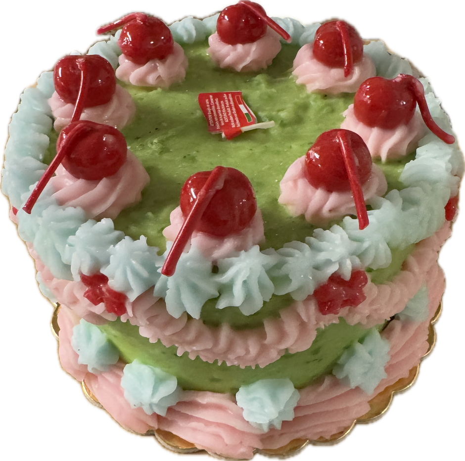 Multi-color Cereria Introna Retro Cake Pillar Candle with layered, cake-like design, ideal for decorative or special occasions.
