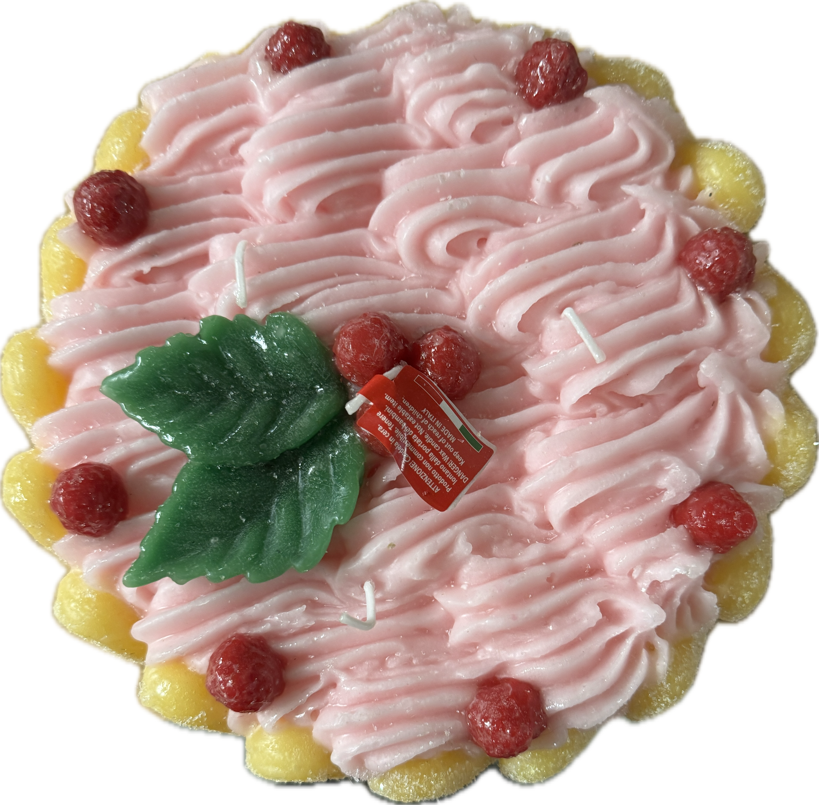 Cereria Introna strawberry ladyfinger cake pillar candle with detailed realistic cake design and pink frosting decoration.