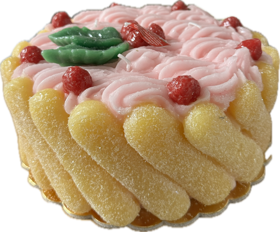 Cereria Introna strawberry ladyfinger cake pillar candle with detailed icing and cake design for decorative use