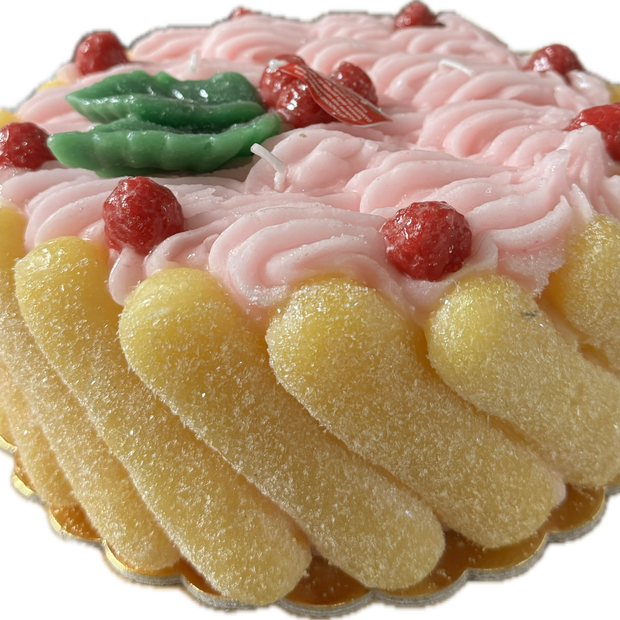 Cereria Introna strawberry ladyfinger cake pillar candle with detailed icing and cake design for decorative use