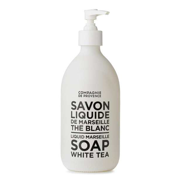 CieLuxe Marseille Liquid Soap in white tea scent, 10 fl oz bottle, featuring a clear pump dispenser and elegant label design.