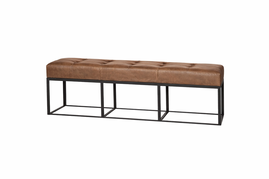 Rust leather Cisco Cruz Dawson bench with black metal iron base, featuring a stylish and sturdy design for home decor.