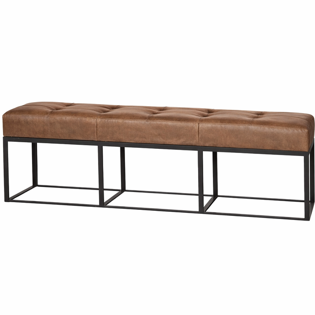 Rust leather Cisco Cruz Dawson bench with black metal iron base, featuring a stylish and sturdy design for home decor.