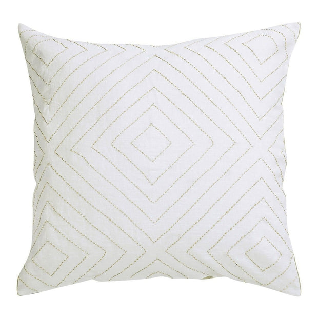 A white square pillow with a natural stitch diamond pattern design.