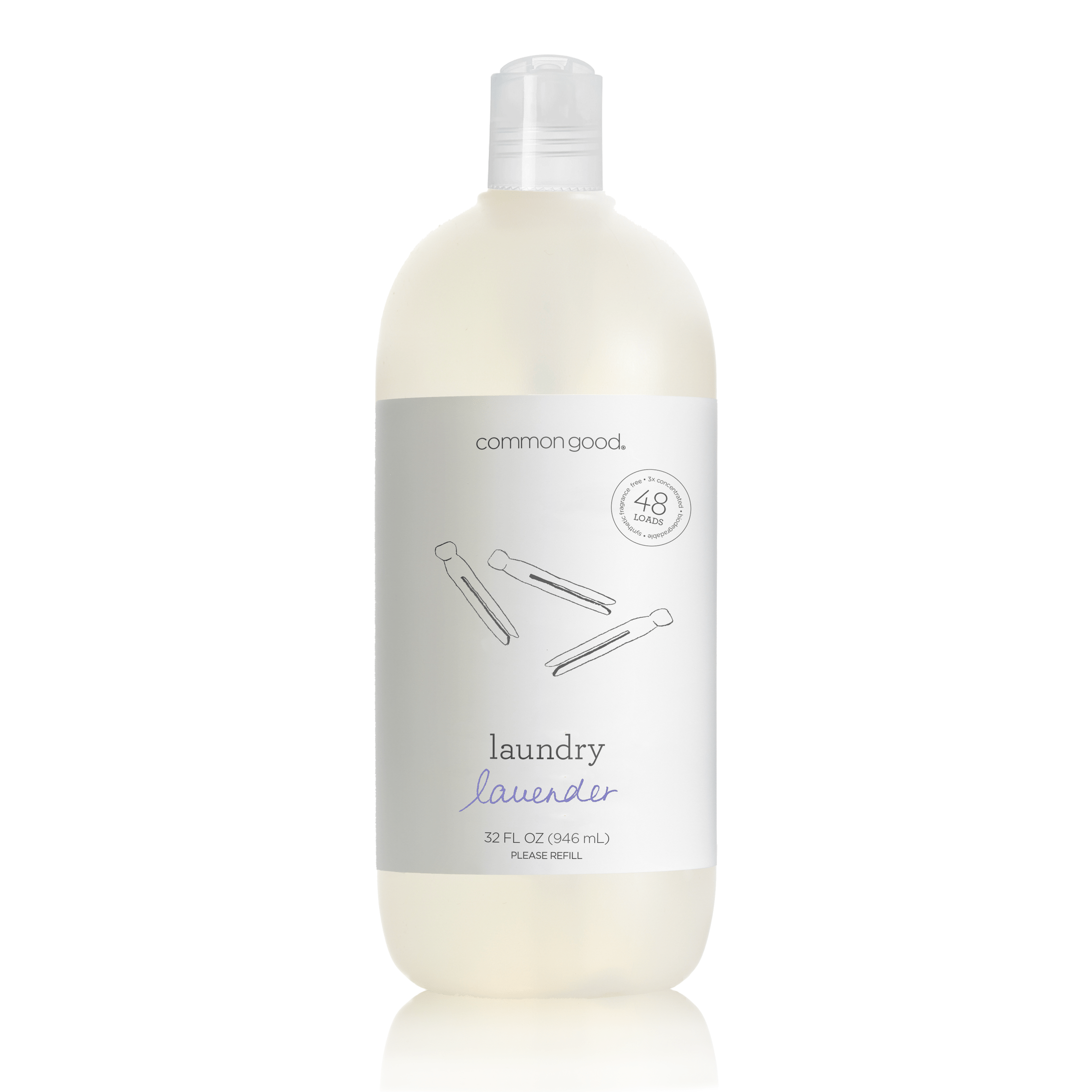 Common Good Gentle Laundry Detergent bottle with lavender scent, featuring a clear label and minimalist design.