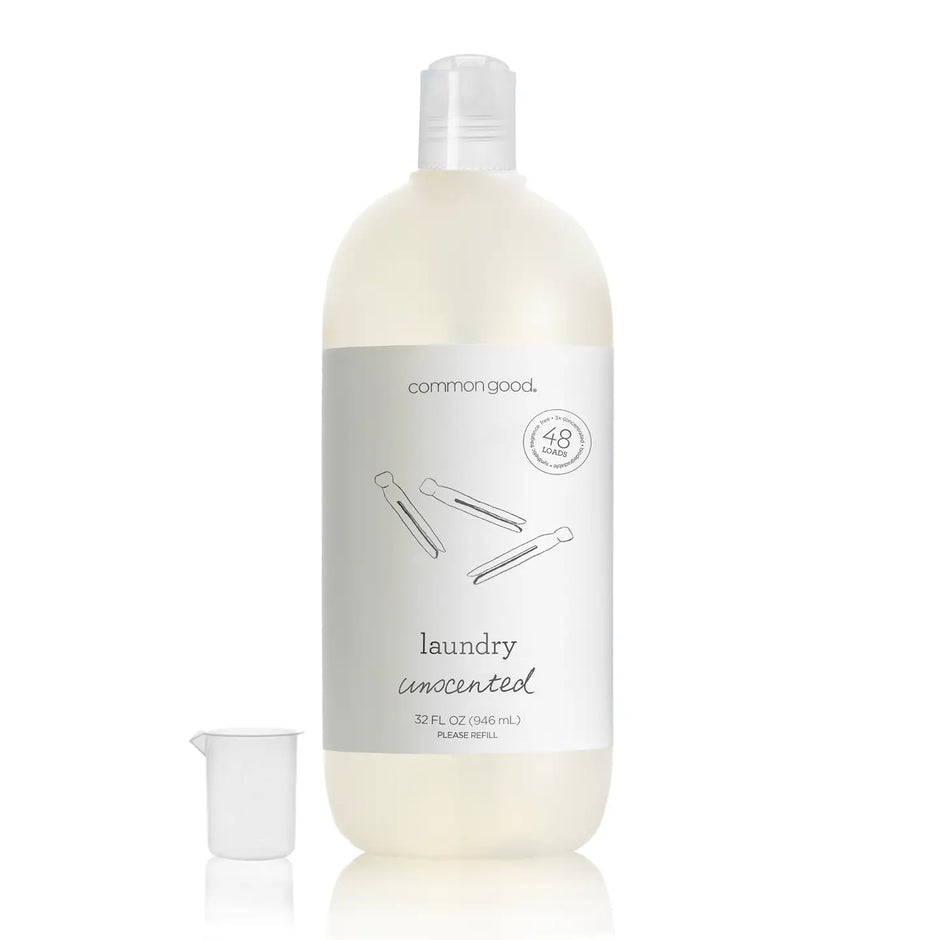 Common Good lavender gentle laundry detergent bottle with cap, showcasing the eco-friendly packaging of the laundry product.