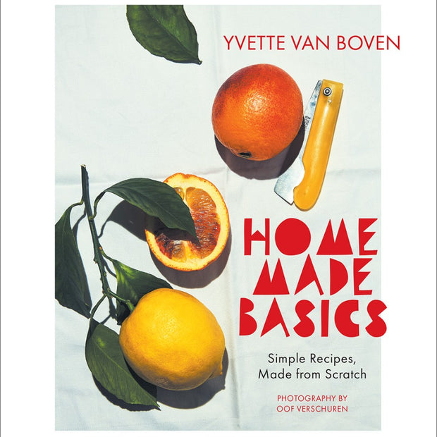 Book cover of 'Home Made Basics' with oranges and a knife on a white background